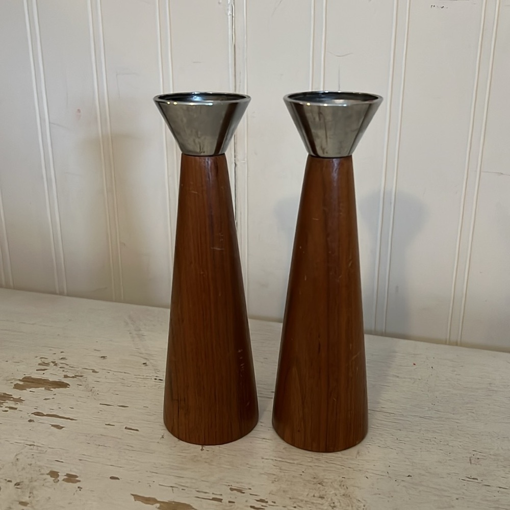 Pair MCM Teak brutalist candle holders